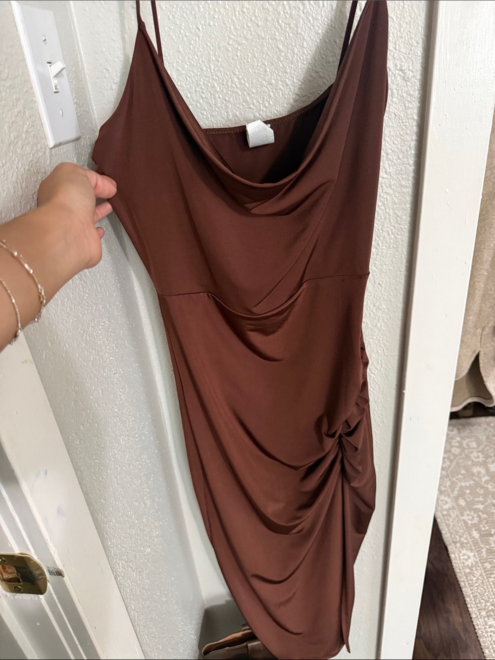 Brown Cowl Neck Mini Dress with Side Ruching